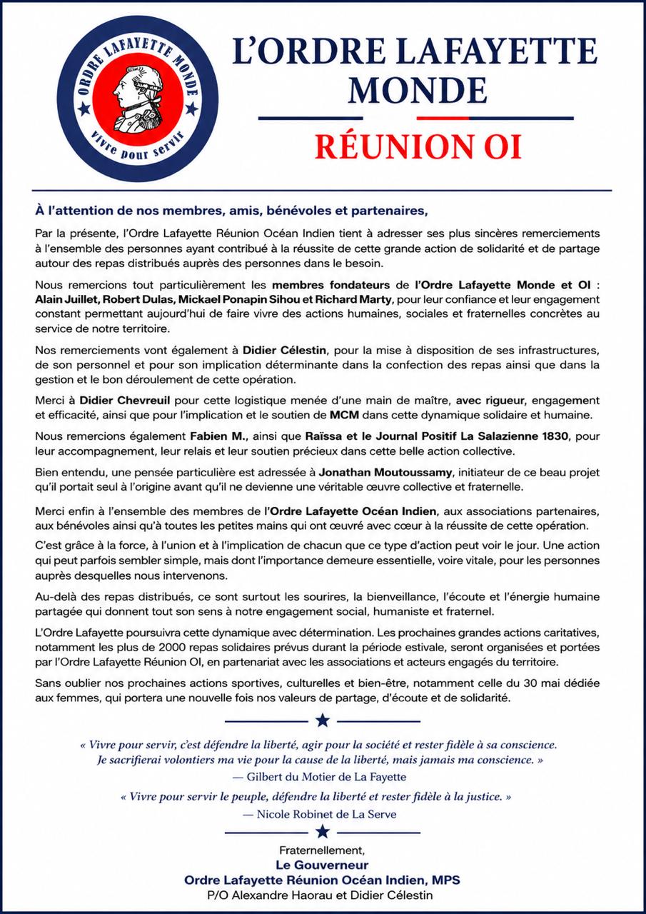 Communiqué officiel de remerciements — Ordre Lafayette